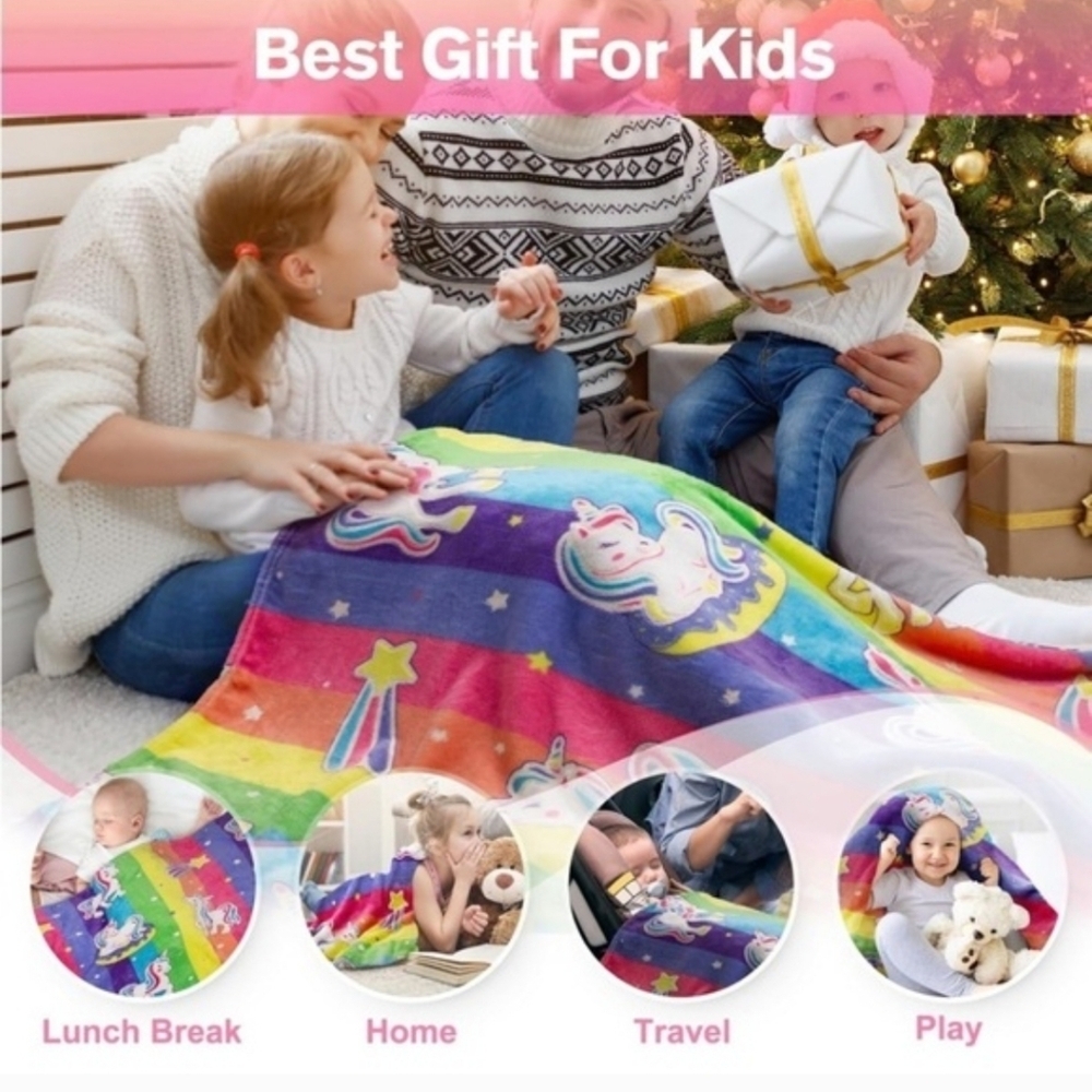 Girls Premium Flannel Throw Blanket Colorful Unicorn Glow-in-the-Dark - Picture 5 of 11